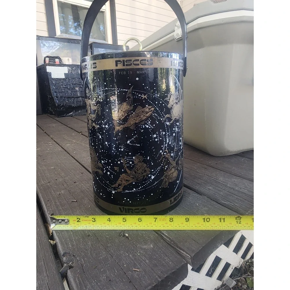 Vintage RARE Mid-century Black & Gold Celestial Horoscope Serving Ice Bucket HTF
